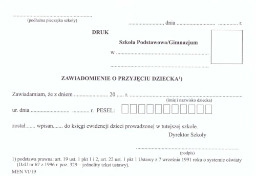 Zawiadomienie o przyjęciu dziecka A6