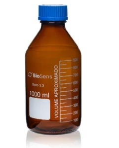 Butelka szklana ORANŻ z niebieską nakrętką BORO 3.3, gwint GL 45 1000ml BIOSENS 