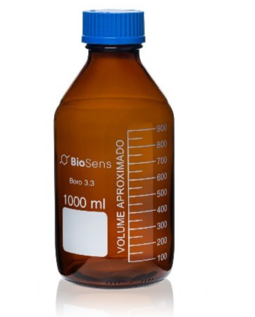 Butelka szklana ORANŻ z niebieską nakrętką BORO 3.3, gwint GL 45 1000ml BIOSENS 