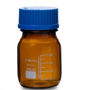 Butelka szklana ORANŻ z niebieską nakrętką BORO 3.3, gwint GL 45 100ml BIOSENS 