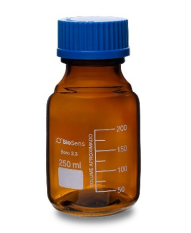 Butelka szklana ORANŻ z niebieską nakrętką BORO 3.3, gwint GL 45 250ml BIOSENS 