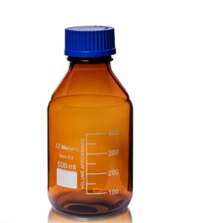 Butelka szklana ORANŻ z niebieską nakrętką BORO 3.3, gwint GL 45 500ml BIOSENS 
