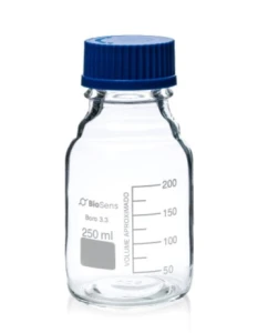 Butelka szklana z niebieską nakrętką BORO 3.3, gwint GL 45 250ml BIOSENS 