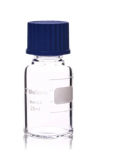 Butelka szklana z niebieską nakrętką BORO 3.3, gwint GL 45 25ml BIOSENS 