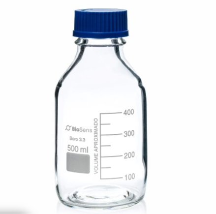 Butelka szklana z niebieską nakrętką BORO 3.3, gwint GL 45 500ml BIOSENS