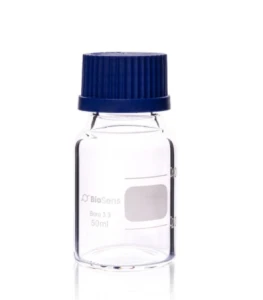 Butelka szklana z niebieską nakrętką BORO 3.3, gwint GL 45 50ml BIOSENS 