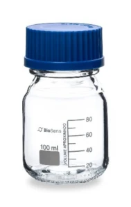 Butelka szklana z niebieską nakrętką SZKŁO NEUTRALNE, gwint GL 45 100ml BIOSENS 