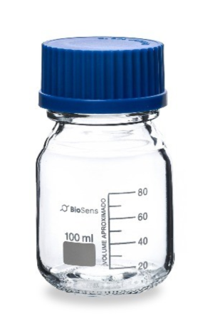 Butelka szklana z niebieską nakrętką SZKŁO NEUTRALNE, gwint GL 45 100ml BIOSENS 