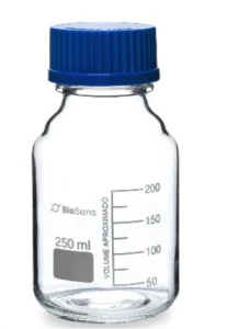 Butelka szklana z niebieską nakrętką SZKŁO NEUTRALNE, gwint GL 45 500ml BIOSENS
