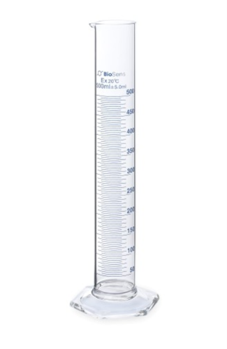 Cylinder miarowy BIOSENS szklany z podziałką 500ml stopa szklana sześciokątna 