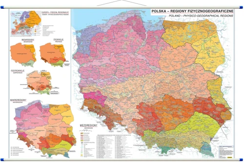 Polska regiony fizycznogeograficzne - szkolna mapa ścienna 196x132 cm