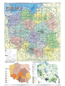 Polska – mapa administracyjno-drogowa + mapki gęstości zaludnienia i surowców