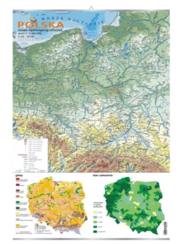 Polska – mapa ogólnogeograficzna + mapki zalesienia i gleb