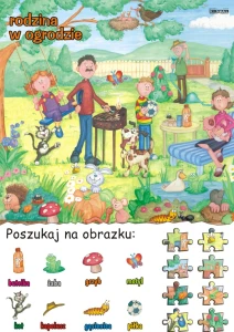 Poszukaj na obrazku – rodzina w ogrodzie, plansza edukacyjna