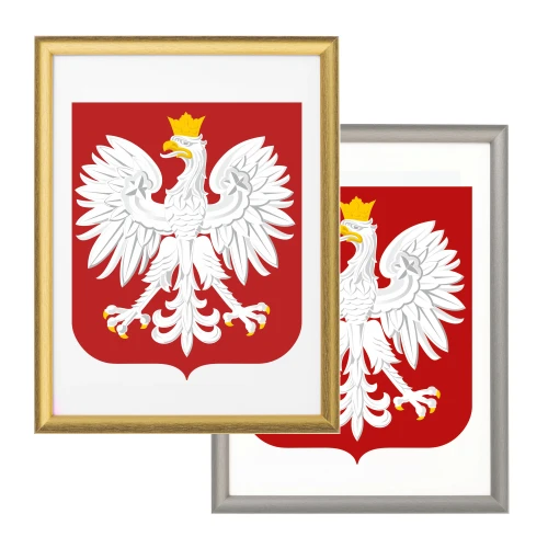 Godło Polski w ramie drewnianej metalizowanej 30 × 40 cm - różne kolory ramy