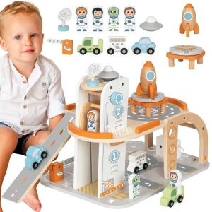 TOOKY TOY Drewniany Kosmiczny Parking Stacja Kosmiczna