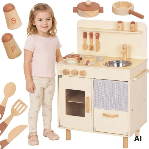 TOOKY TOY Drewniana Beżowa Kuchnia z Akcesoriami