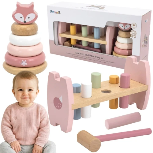 VIGA PolarB Zestaw Drewniana Piramidka + Przebijanka z Młoteczkiem Lisek Montessori