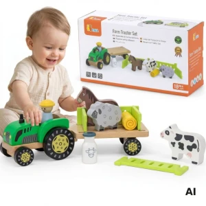 Viga Drewniany Traktor z Przyczepą Figurki Zwierząt Farma Zestaw Edukacyjny