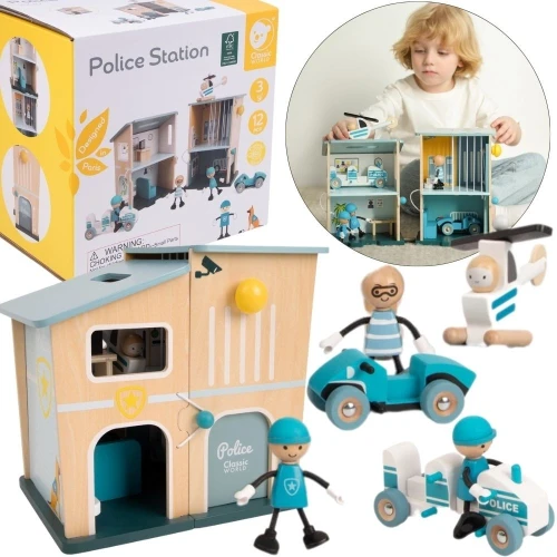 CLASSIC WORLD Posterunek Policji Drewniany Samochód Helikopter FIgurki 12el.