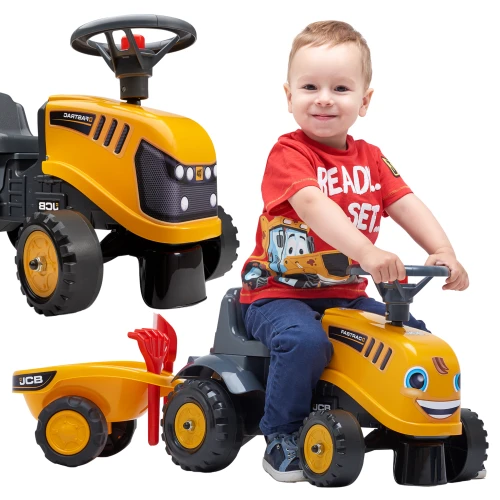 FALK Traktorek Jeździk JCB Pomarańczowy Z Przyczepką Łopatka Grabki