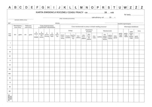 Karta ewidencji rocznej czasu pracy A4