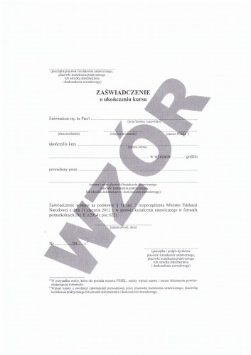 Zaświadczenie o ukończeniu kursu (papier biały)