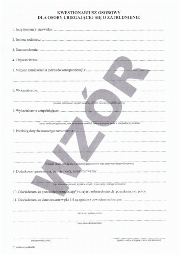 Kwestionariusz osoby ubiegającej się o zatrudnienie