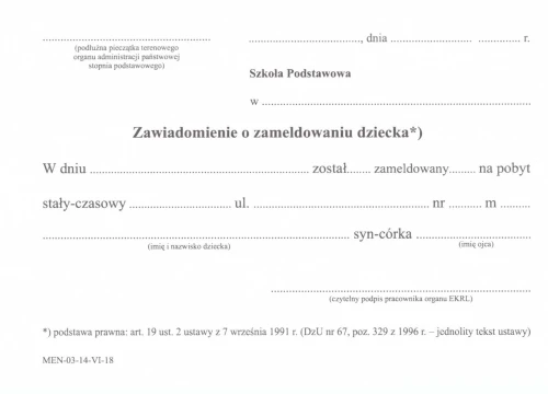 Zawiadomienie o zameldowaniu dziecka A6