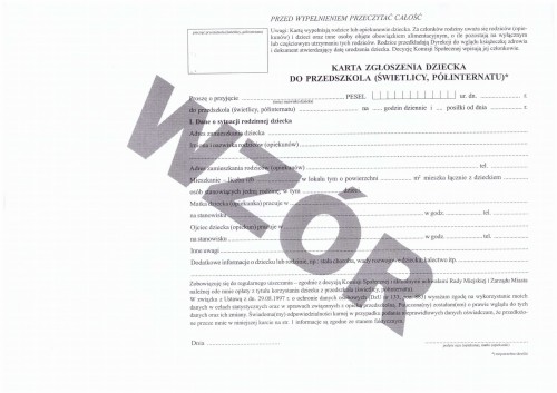Karta zgłoszenia dziecka do przedszkola, świetlicy, półinternatu