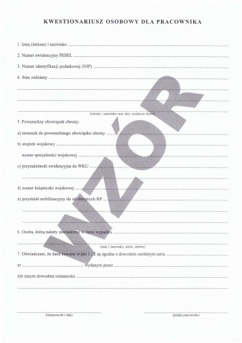 Kwestionariusz osobowy dla pracownika
