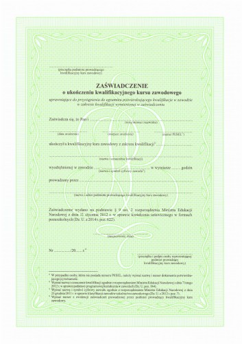 Zaświadczenie o ukończeniu kwalifikacyjnego kursu zawodowego (gilosz zielony)