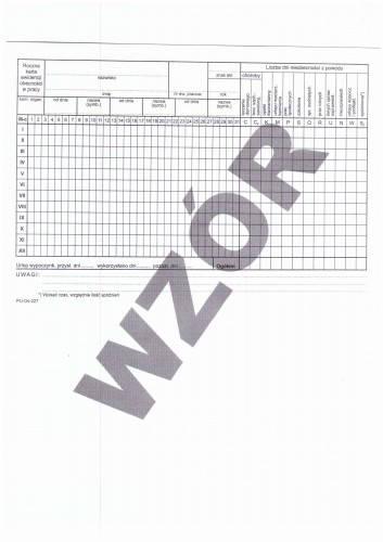 Roczna karta ewidencji obecności w pracy A4