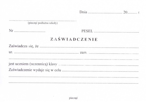 Zaświadczenie uczniowskie