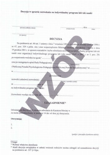 Decyzja w sprawie zezwolenia na indywidualny program lub tok nauki